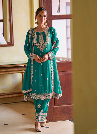 Teal Green Embroidered Silk Anarkali Pant Suit