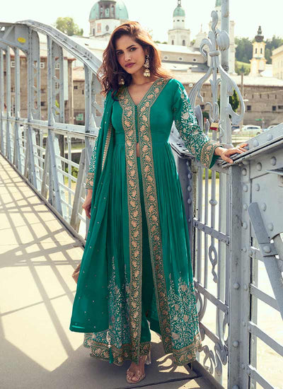 Teal Green Embroidered Slit Style Anarkali Pant Suit