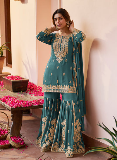 Teal Green Embroidered Gharara Style Suit