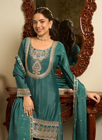 Teal Green Embroidery Chinnon Silk Palazzo Suit