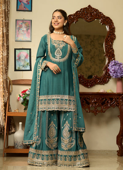 Teal Green Embroidery Chinnon Silk Palazzo Suit