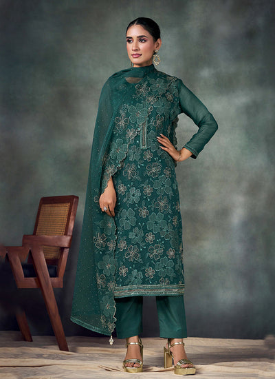 Teal Green Embroidery Pant Style Suit