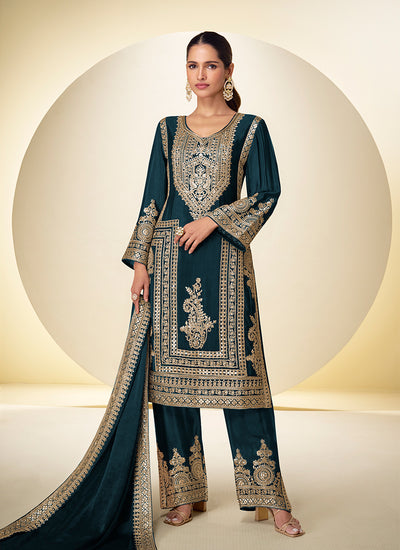 Teal Green Embroidered Silk Pant Style Suit
