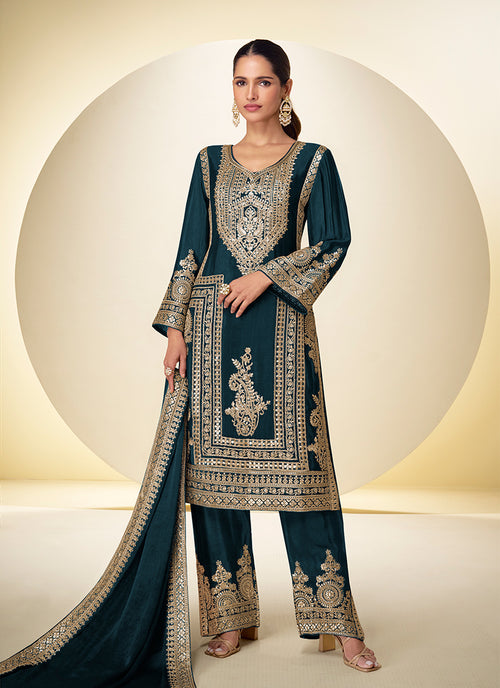 Teal Green Embroidered Silk Pant Style Suit