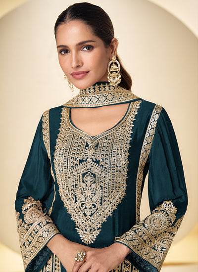 Teal Green Embroidered Silk Pant Style Suit