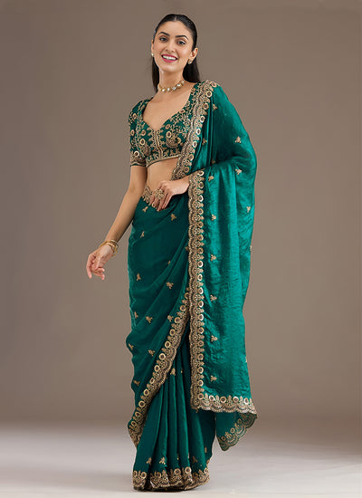 Teal Green Multi Embroidered Wedding Saree
