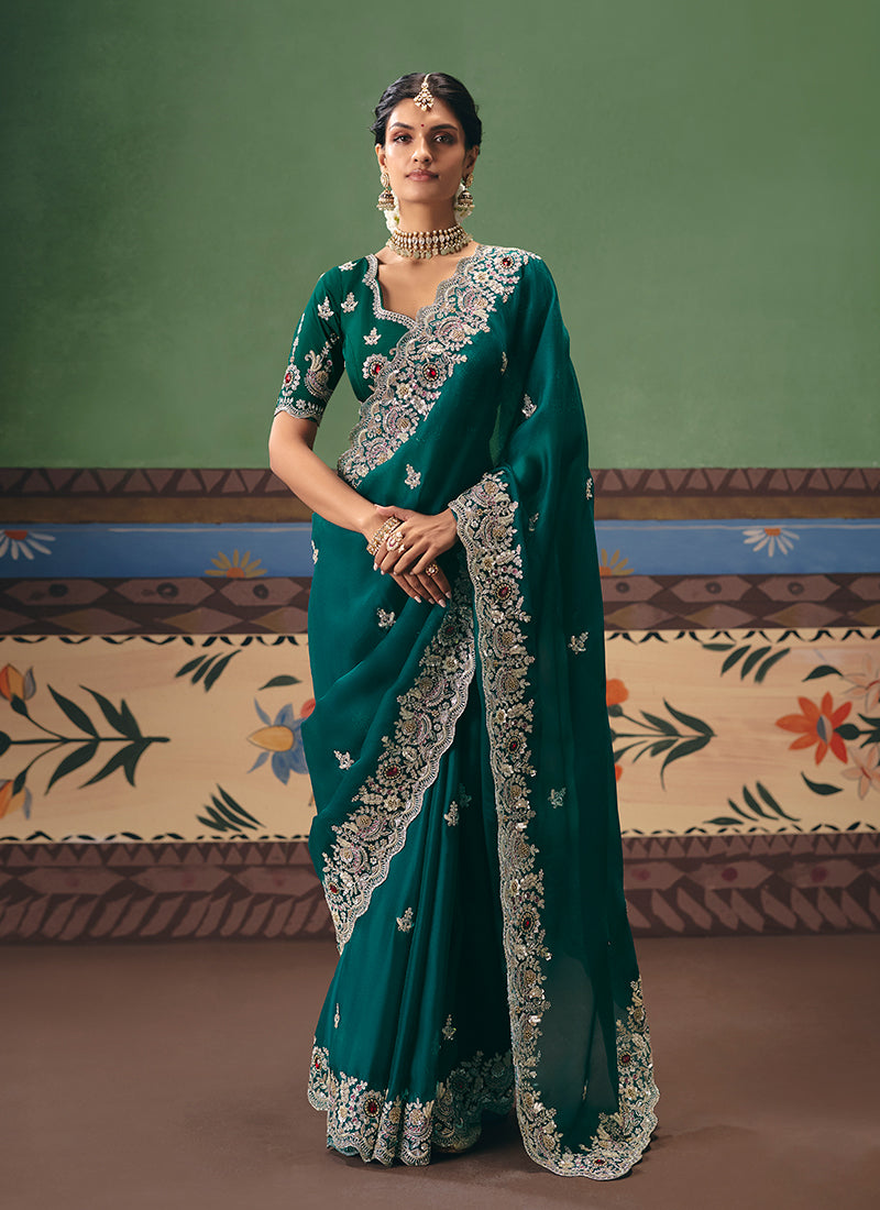 Teal Green Handwork Embroidered Silk Saree