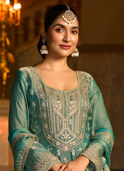 Teal Green Embroidered Sharara Suit