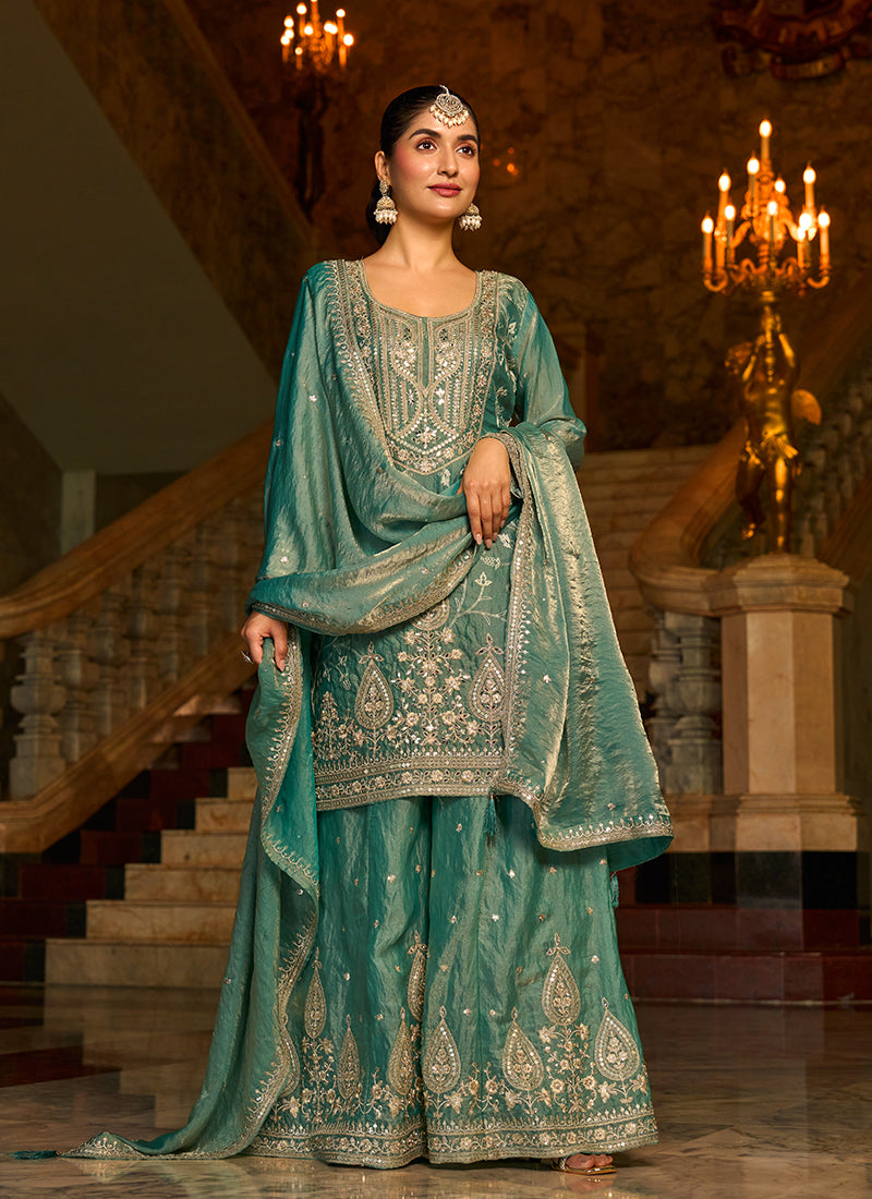 Teal Green Embroidered Silk Sharara Suit