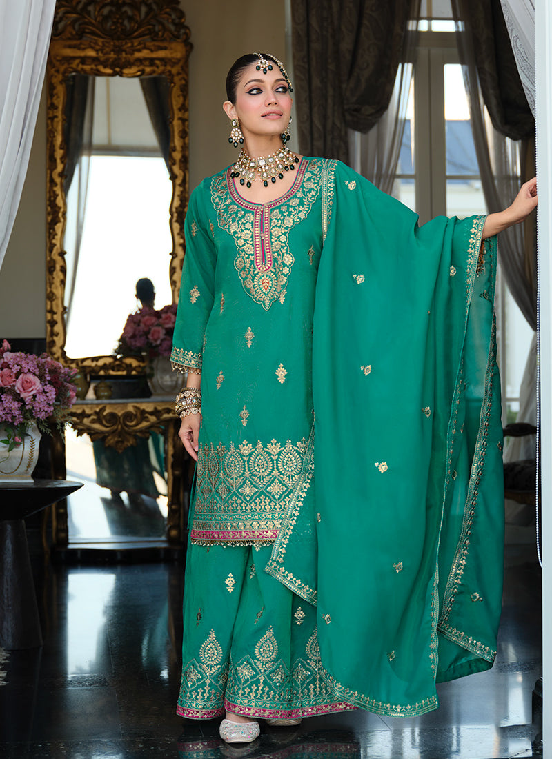 Teal Traditional Embroidery Palazzo Suit