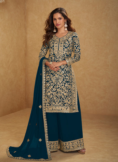 Teal Embroidered Festive Palazzo Suit