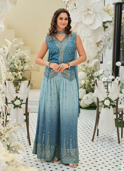 Turquoise Blue Embroidered Peplum Palazzo Suit