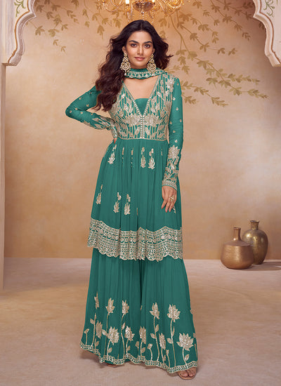 Turquoise Embroidered Gharara Style Suit