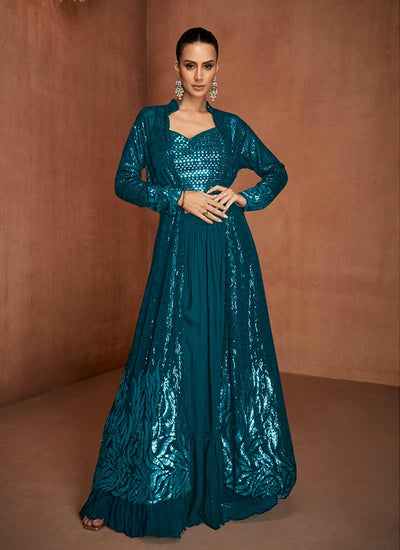 Turquoise Sequins Embroidery Jacket Style Lehenga