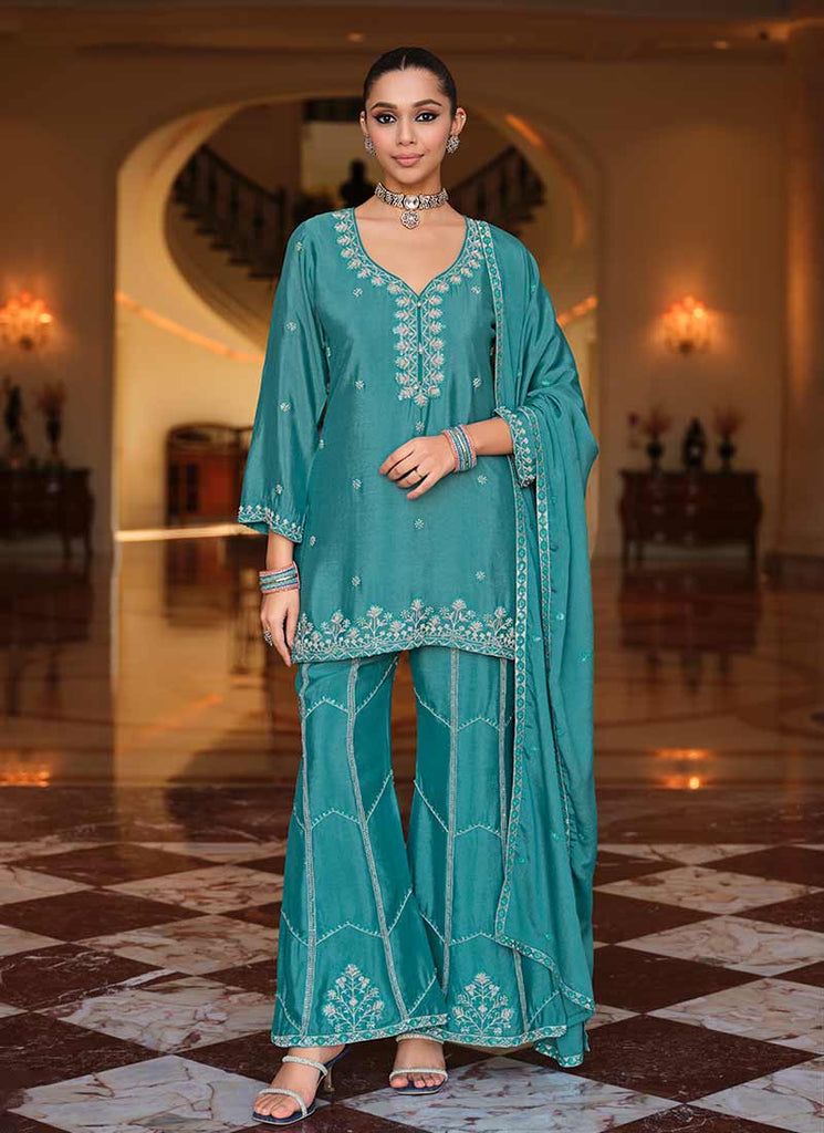 Turquoise Reshamkari Embroidery Palazzo Style Suit