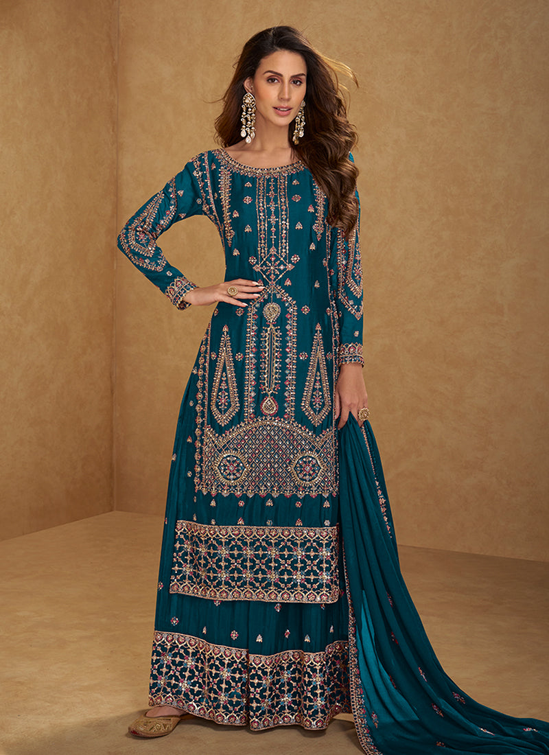Turquoise Multi Embroidered Palazzo Suit