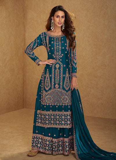 Turquoise Multi Embroidered Palazzo Suit