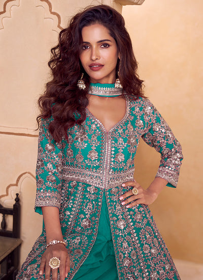 Turquoise Embroidered Slit Style Anarkali Palazzo Suit