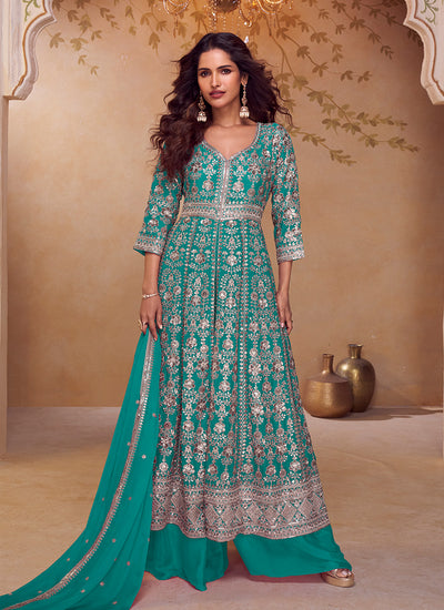 Turquoise Embroidered Slit Style Anarkali Palazzo Suit