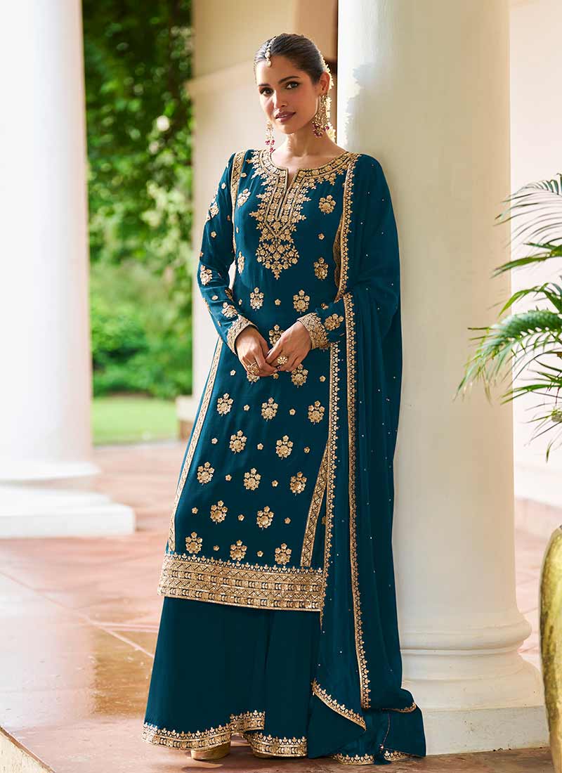 Turquoise Sequins Embroidered Palazzo Suit