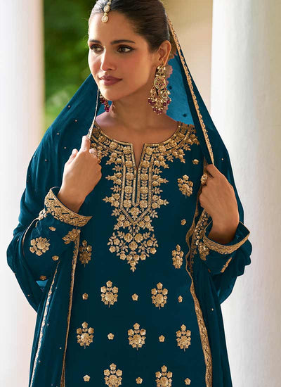 Turquoise Sequins Embroidered Palazzo Suit