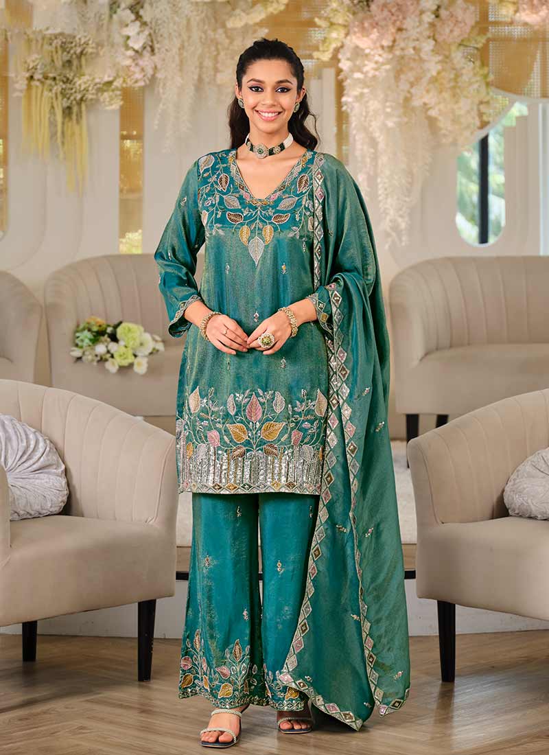 Turquoise Multi Embroidered Silk Pant Style Suit