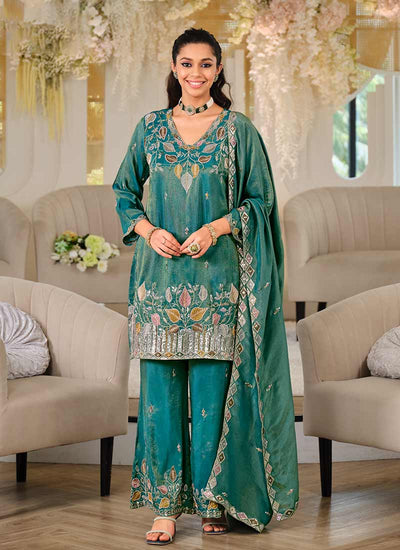 Turquoise Multi Embroidered Silk Pant Style Suit