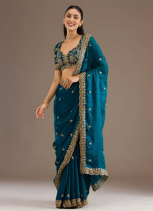 Turquoise Multi Embroidered Wedding Saree