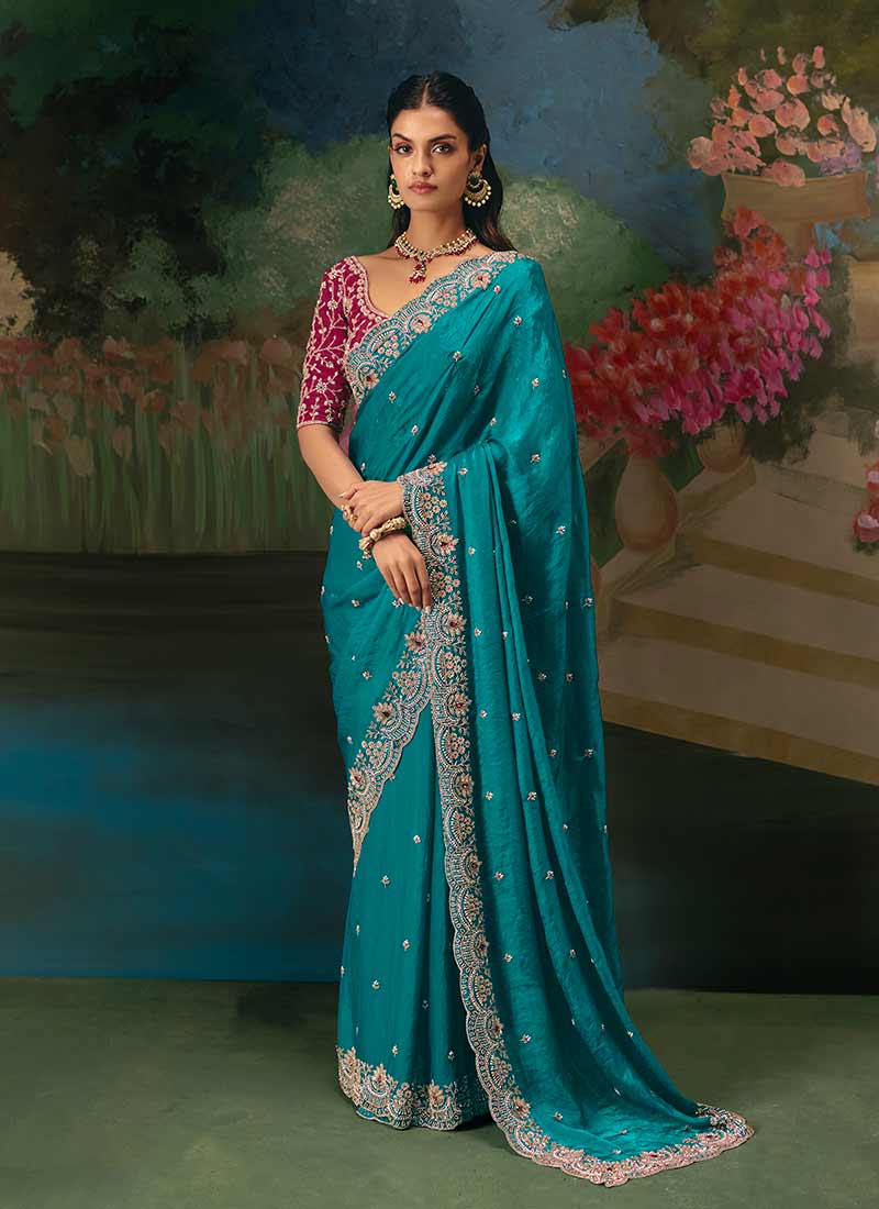Turquoise and Magenta Embroidery Saree and Blouse