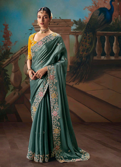 Turquoise and Yellow Embroidered Party Wear Silk Saree