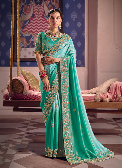 Turquoise Embroidered Tissue Silk Saree