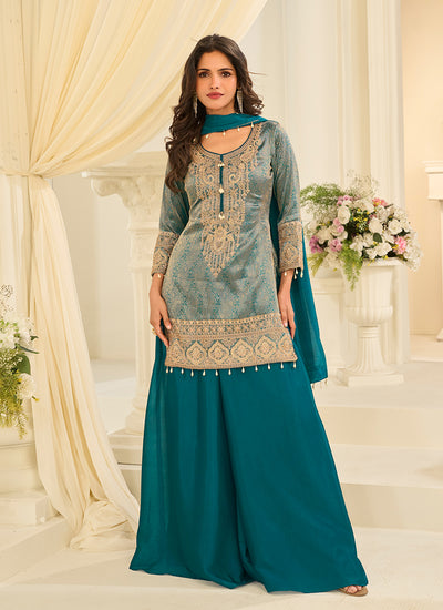 Turquoise Handwork Embroidery Sharara Style Suit