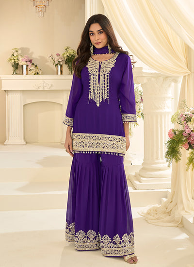 Violet Embroidery Georgette Gharara Suit