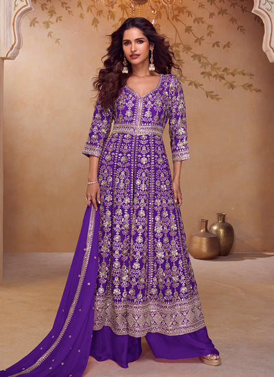 Violet Embroidered Slit Style Anarkali Palazzo Suit