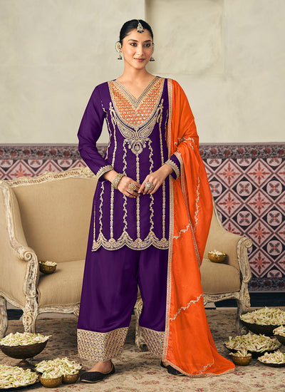 Violet Multi Embroidered Farshi Salwar Suit