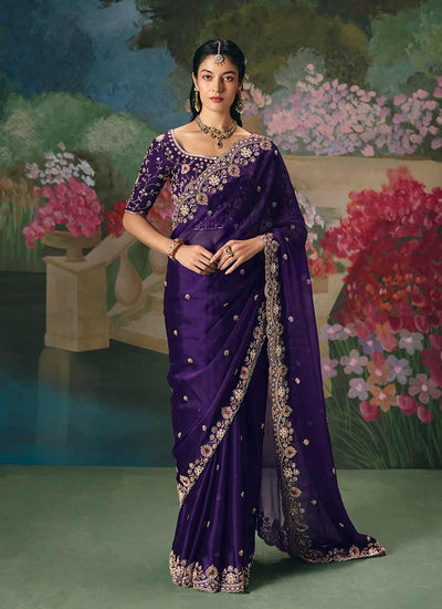 Violet Embroidery Saree and Blouse