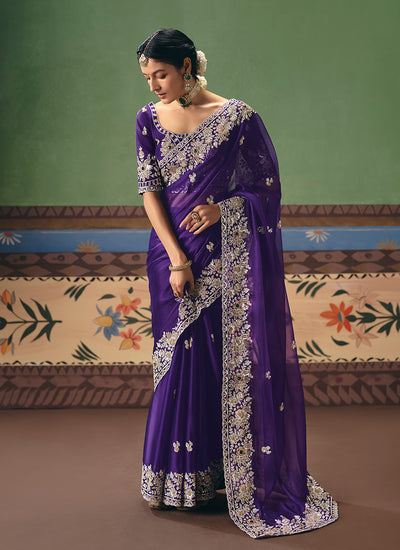 Violet Handwork Embroidered Silk Saree