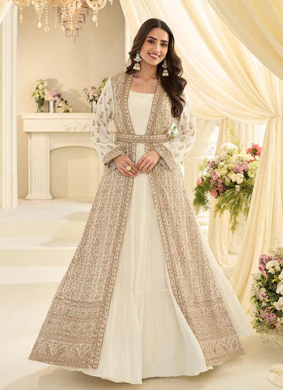 White Traditional Embroidery Jacket Style Anarkali Gown