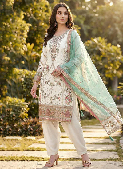 White and Teal Multi Embroidery Salwar Kameez