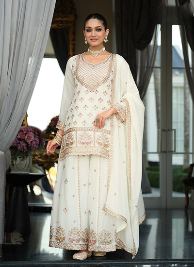 White Multi Embroidery Traditional Palazzo Style Suit
