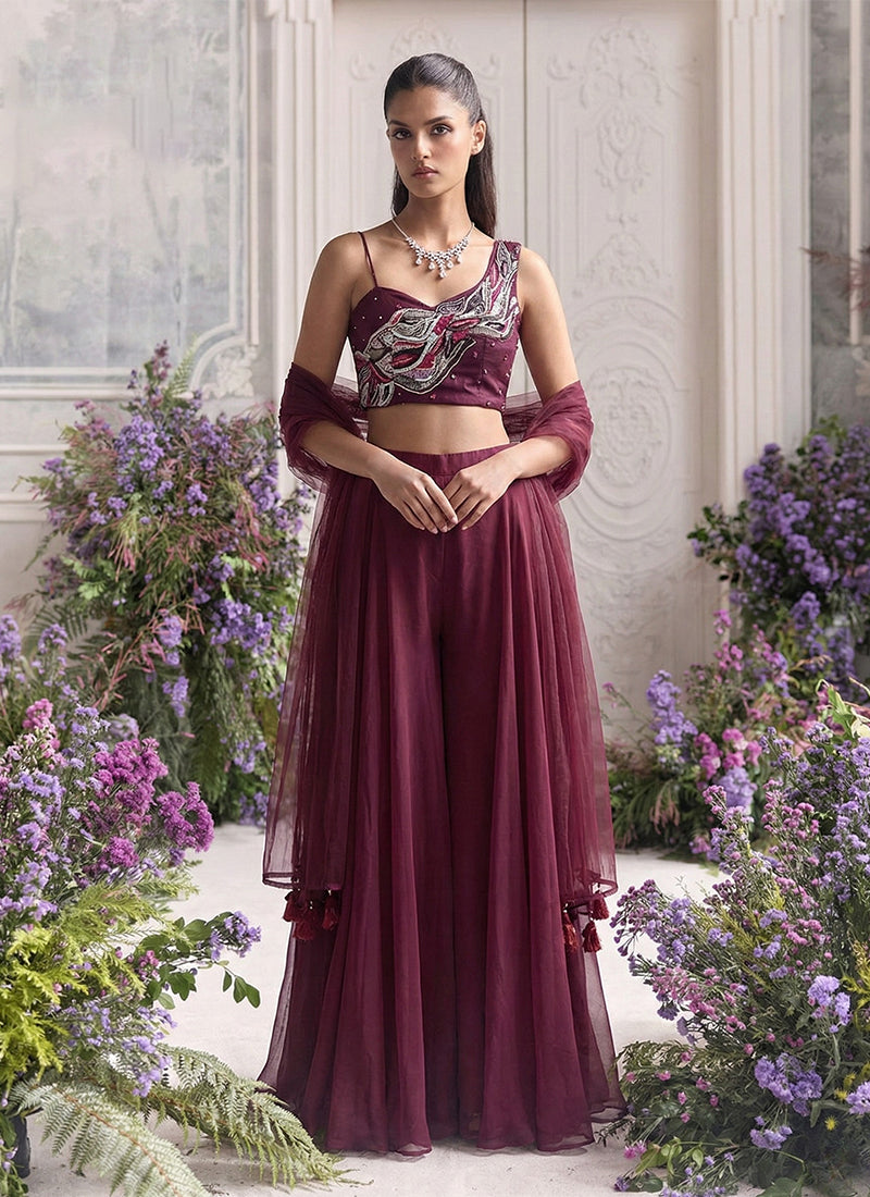 Deep Wine Handwork Embroidered Palazzo Set
