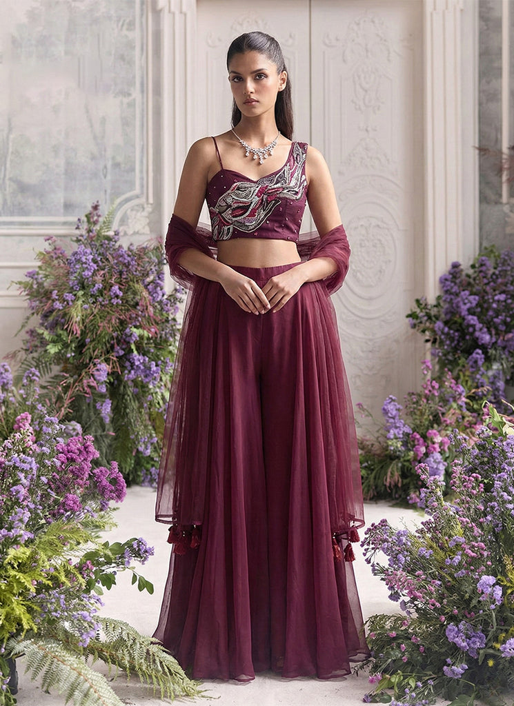 Deep Wine Handwork Embroidered Palazzo Set