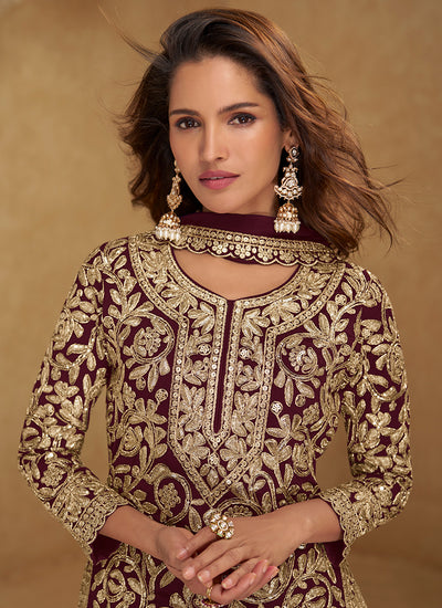 Wine Embroidered Festive Palazzo Suit