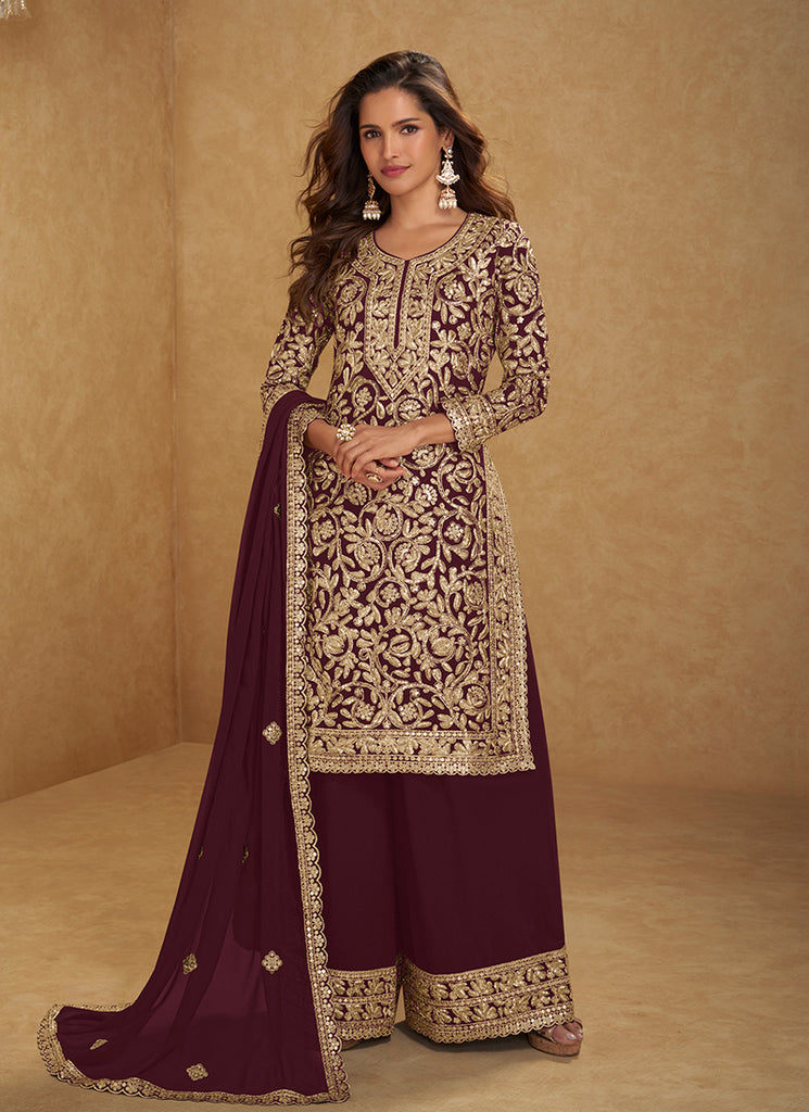 Wine Embroidered Festive Palazzo Suit