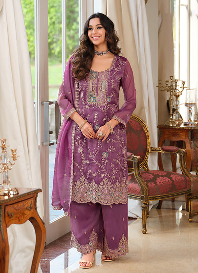 Wine Multi Embroidered Pant Style Suit