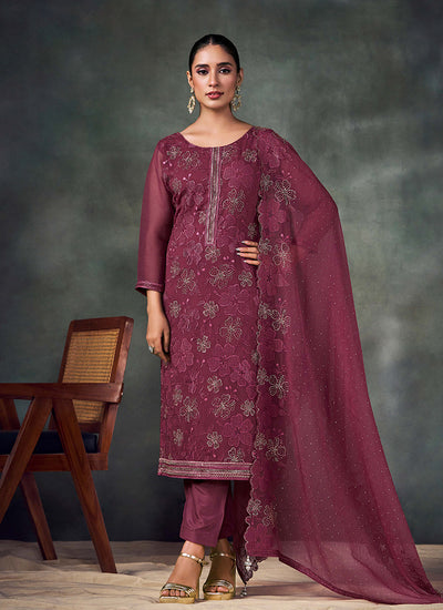 Wine Embroidery Pant Style Suit