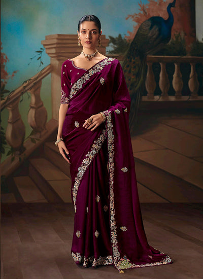 Deep Wine Embroidered Party Wear Silk Saree