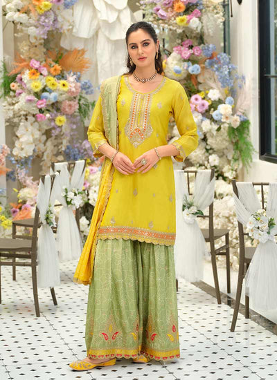 Yellow and Green Embroidery Gharara Suit