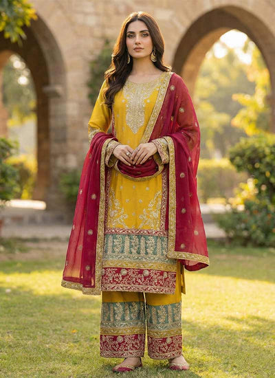 Yellow and Magenta Pink Multi Embroidered Pant Suit