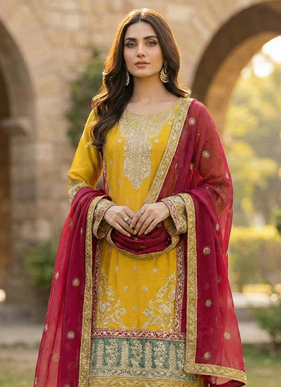 Yellow and Maroon Multi Embroidered Pant Suit